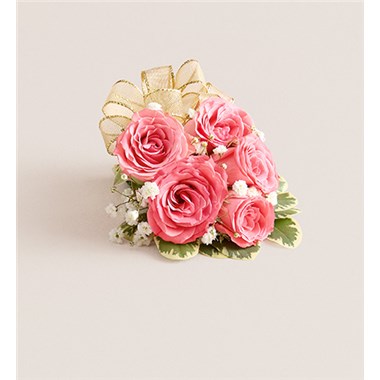 Pink Spray Rose Corsage-Gold Bow