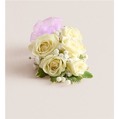 White Spray Corsage-Lavender Bow